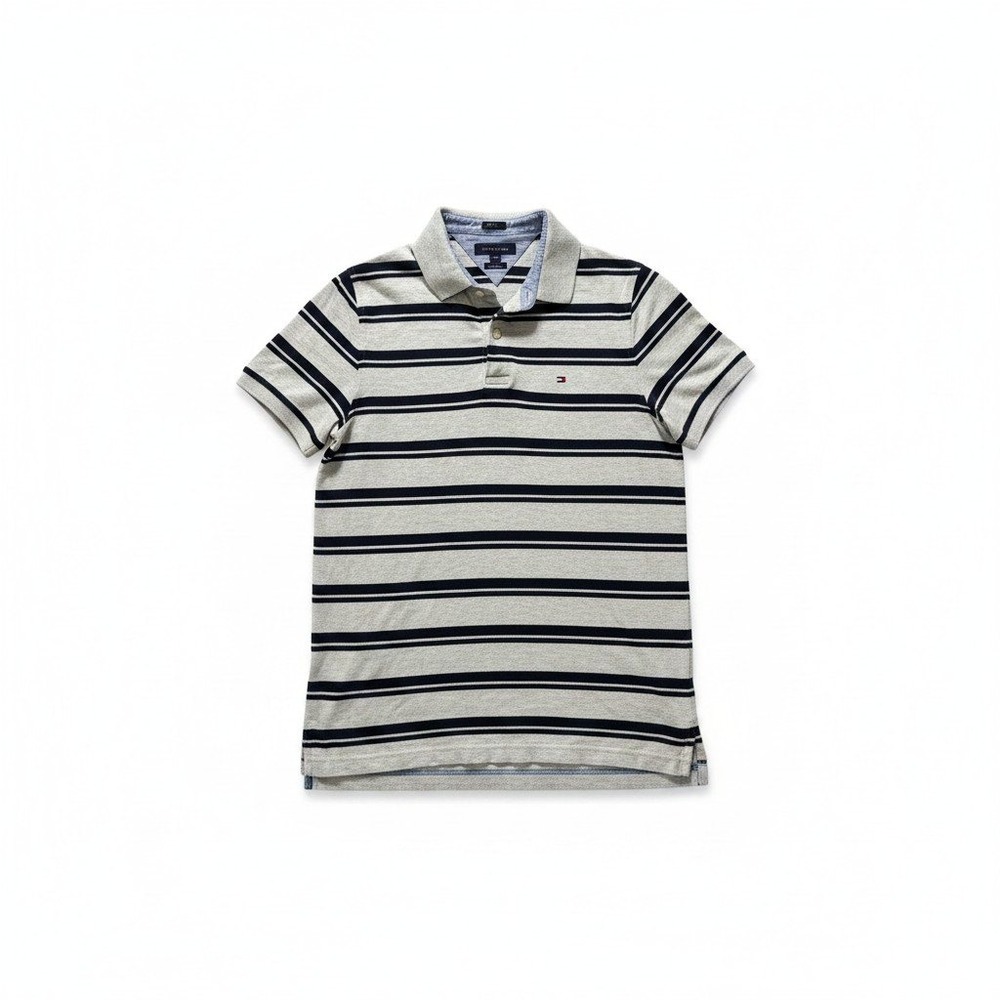 Tommy Hilfiger L Gray Navy Striped Slim‎ Fit Polo Shirt Mens Preppy Casual